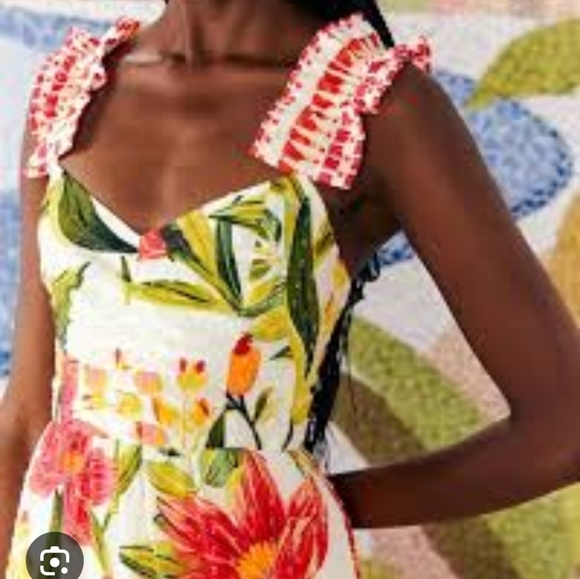 Farm Rio Cashew Floral Tiered Midi Dress White Ruffle Garden Tropical - Picture 2 of 13